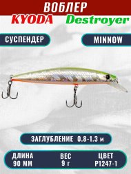 Воблер KYODA Destroyer Minnow-90SP, длина 9,0 см, вес 9.0 гр цвет P1247-1, заглубление 0,8-1.3 м